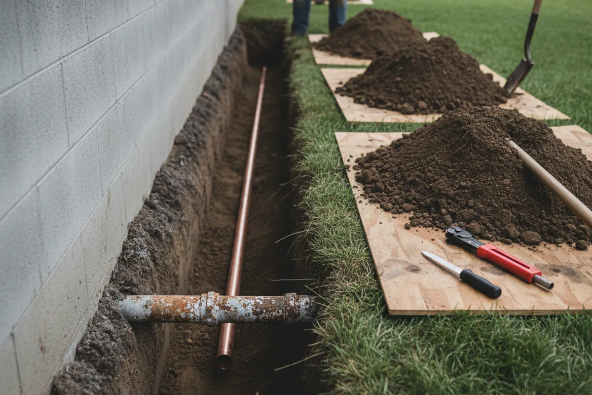 Excavated water line trench during Sewer Line Repair in New Germany